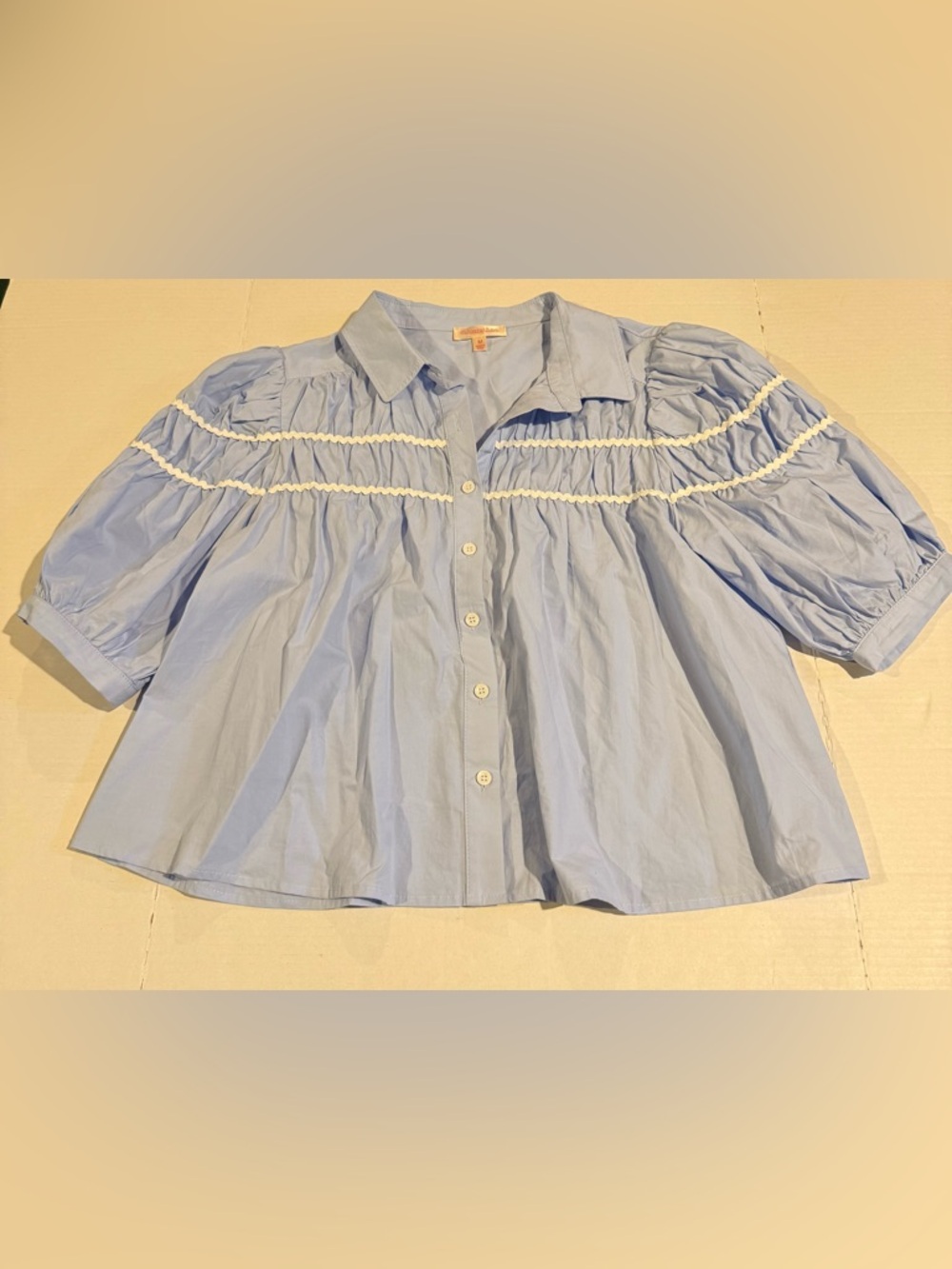 Light Blue Puff Sleeve Button-Front Top by (Unknown)